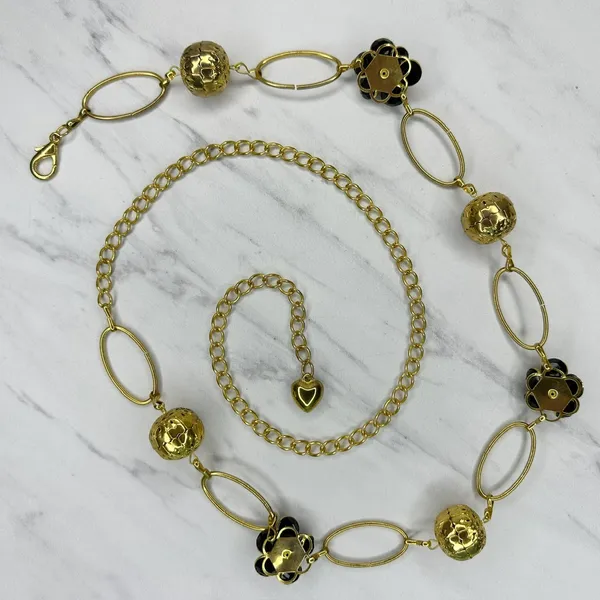 Black Rhinestone Flower Gold Tone Chain Link Belt One Size (OS) ✨ - Image 10