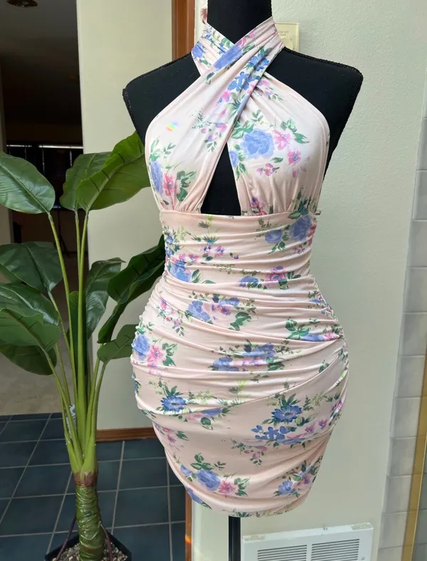 ZARA Pink Floral Halter Mini Dress - Image 3