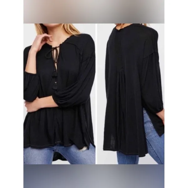 Free People We The Free Black Tassel Tie V-Neck Linen Blend‎ Top Size M - Image 16
