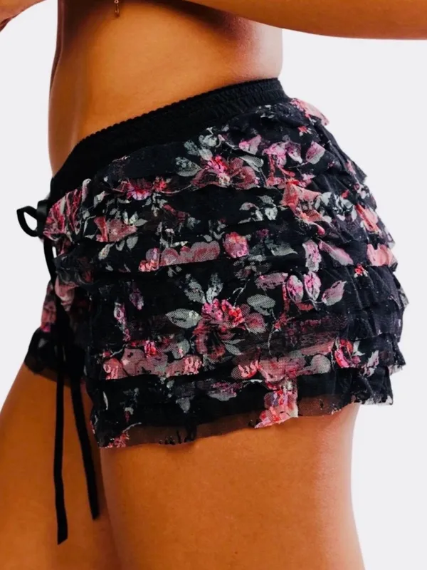 FREE PEOPLE Feeling For Lace Black Pink Floral Shorts Ruffles Girly Size Medium - Image 5