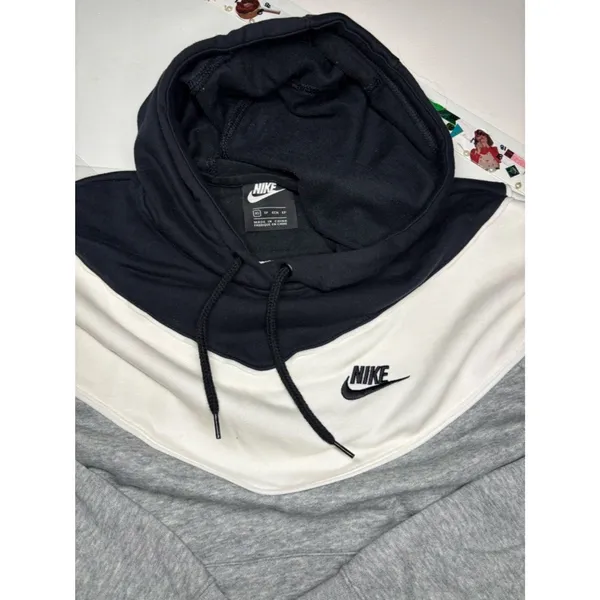Nike Sportswear Colorblock Fleece Pullover Hoodie Gray White Black Swoosh - Image 2