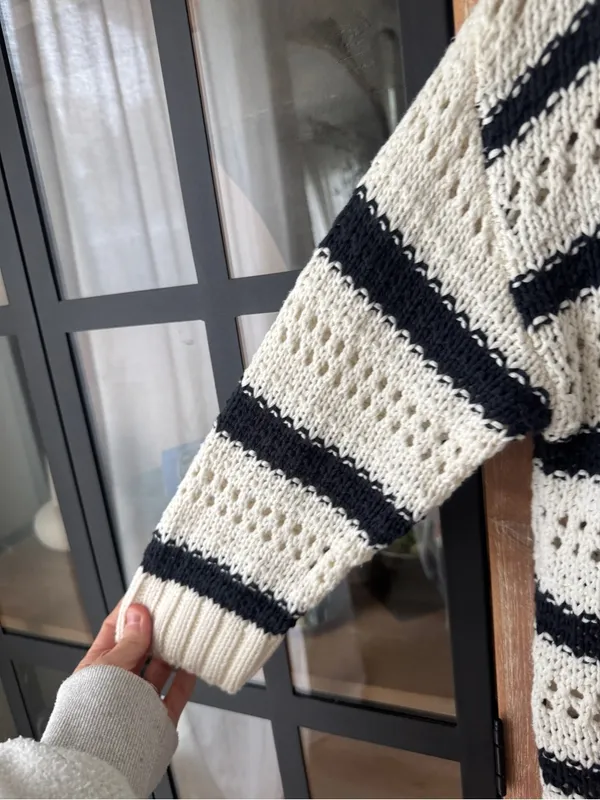 ASTR Striped Open Knit Polo Sweater top short sleeve crochet coverup collar - Image 8