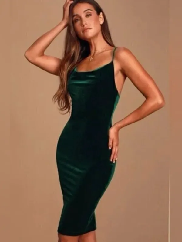 Lulu's Jazzy Belle Dark Green Velvet Bodycon Midi Dress Cowl Neckline NWT Small - Image 3