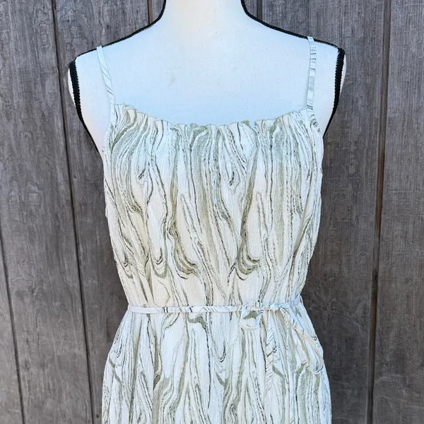 S Deer Shabby Chic Spaghetti Strap Cream & Green Print Elegant Maxi Dress Size L - Image 3