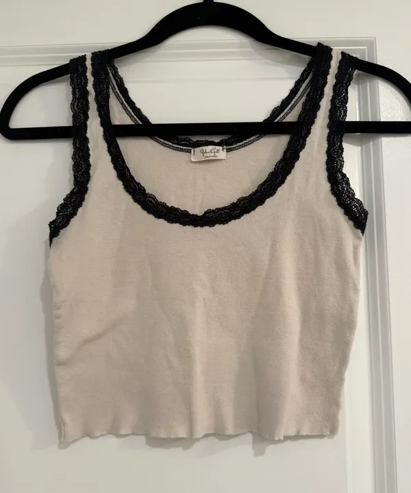 Brandy Melville Cream Tank Top with Black Lace Trim - Image 2