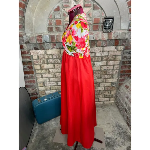 maxi Dress empire waist puff sleeve floral red yellow green 1970s - Image 3