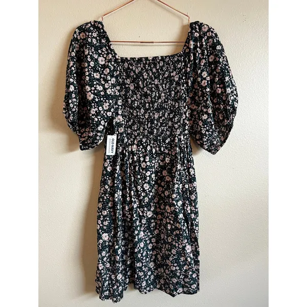 Old Navy Dress Women Small Black Floral Puff Sleeve‎ Smocked Mini Fit & Flare - Image 7