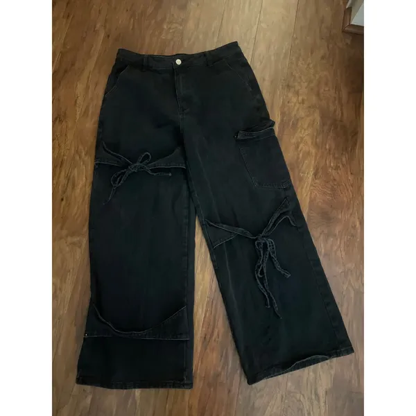 CIDER Baggy Wide Leg Jeans w Tie Details High Rise Black Size Large L Cargo Y2K - Image 9