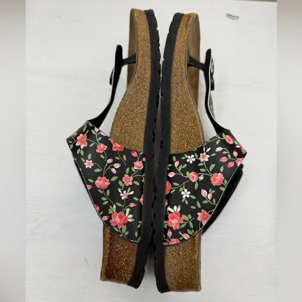 Birkenstock Papillio Black and Pink Floral Sandals with Cork Footbed Sz 6-6.5 - Image 9