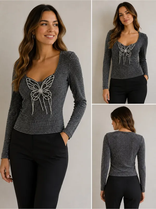 Pastel Rhinestone Butterfly Glitter Long Sleeve Evening Top size L - Image 2