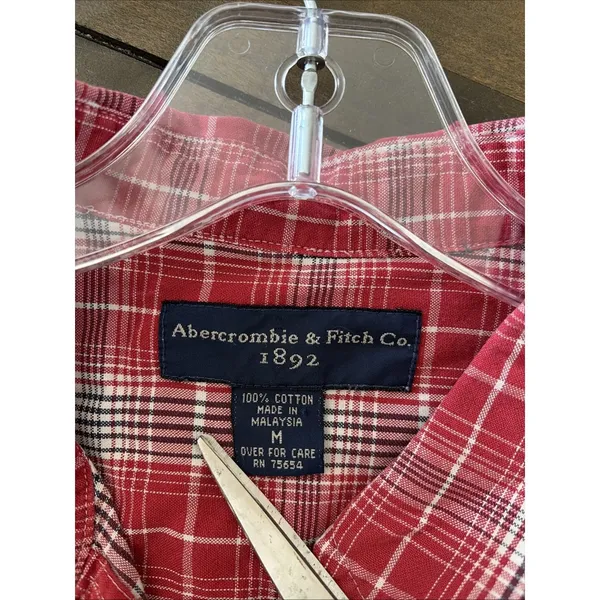Abercrombie Fitch Womens Medium Red Plaid‎ Cotton Button Down Oversized vintage - Image 3