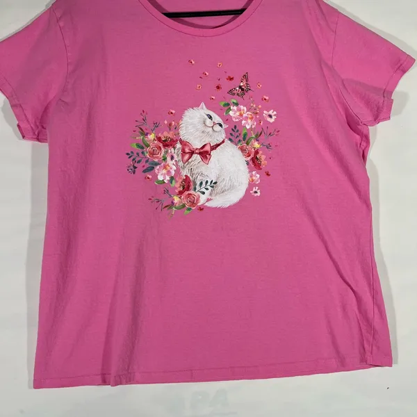 Azalea Sitting‎ Kitty Women Printed Tee Short Sleeve Causal Cotton Pink L - Image 2