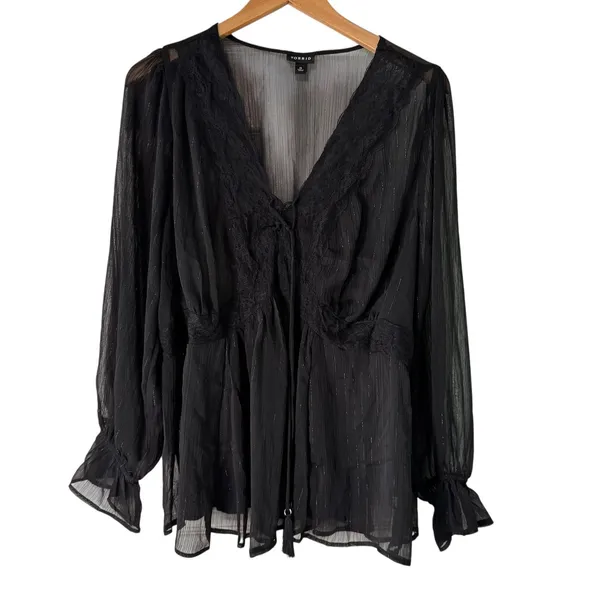 Torrid Black Sheer Long Sleeve Blouse V Neck‎ Peplum Tassel Tie Plus Size - Image 7