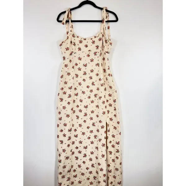 ZARA Womens Dress Beige Maxi Floral Ditsy Tank Smocked Linen Slit A Line Large - Image 5