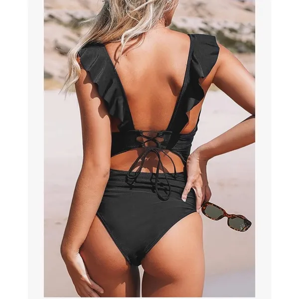 Black Ruffle One‎ Piece Swimsuit Women's Medium Deep V Lace Up Back NEW - Image 2