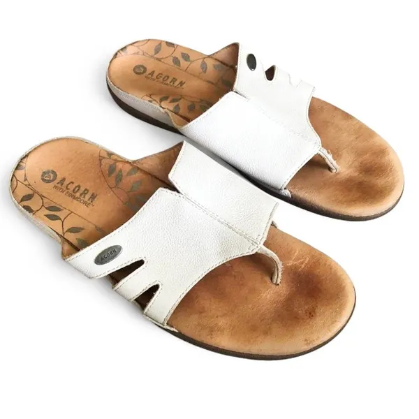 Acorn Women’s White Leather Toe-Post Slide Sandals 8 - Image 3