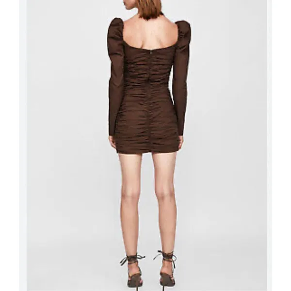 🔥5/$25 sale🔥 Zara Brown Long Sleeve Puff Sleeve ruched Body con Dress Size S - Image 4