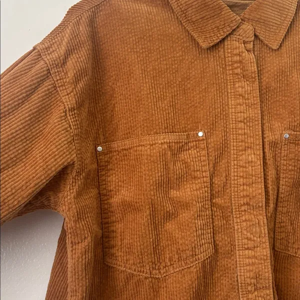 Corduroy Snap Button Shirt S • Duck Brown Western Ranch Shacket curved hemline - Image 3