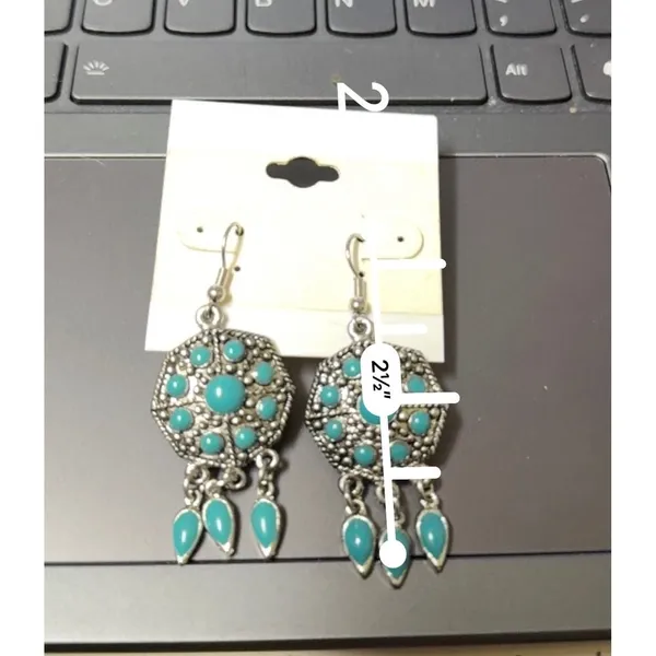 Womens‎ Boho Southwestern Silver Tone Turquoise Blue Dangle Drop Earrings 2.5" - Image 3