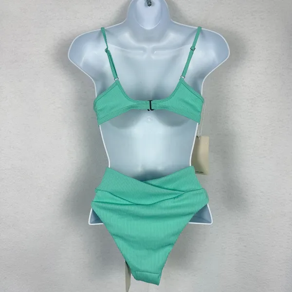 Halara Bikini Set Womens Small Ribbed Crossover High Waist Mint Green - Image 3
