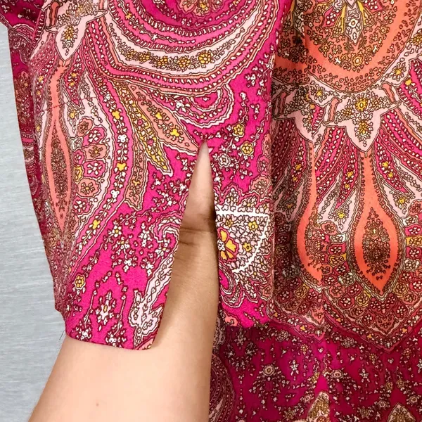 Zara Woman Pink Orange Paisley Split Neck Shift Dress 3/4 Sleeve Small Spain - Image 4