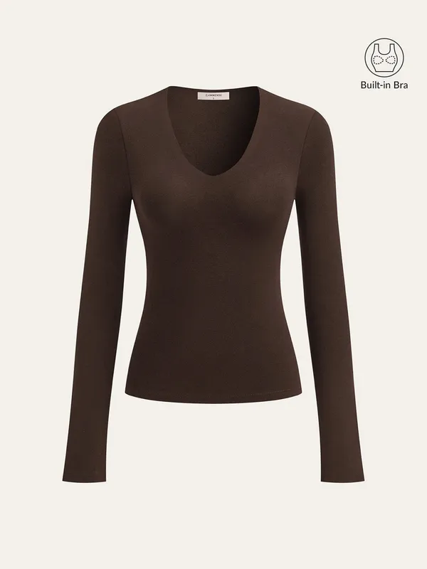 Commense Bra-Free Built-In Padded V-Neck Long Sleeve Top Dark Brown XS NWT - Image 10