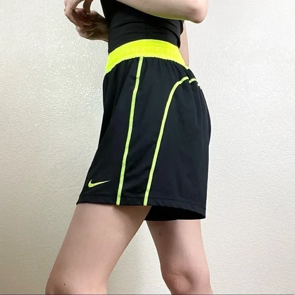 Nike Dri-Fit Black & Neon Yellow High Rise Athletic Gym Shorts - Image 2