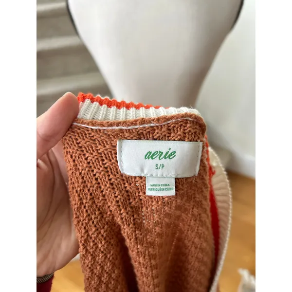 Aerie Burnt Orange Brown Waffle Oversize Varsity Stripe Cardigan - Image 6
