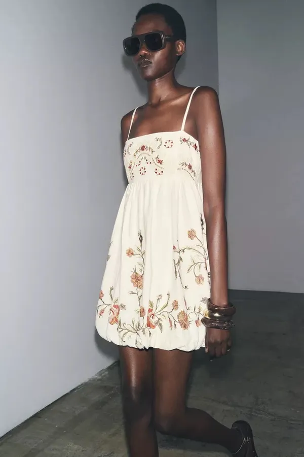 Zara Cream Floral Embroidered Spaghetti-Strap Mini Bohemian Dress - Image 4