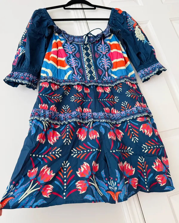Farm Rio Puff-Sleeve Ruffled Floral Cotton Romper, Size S/M - Image 9