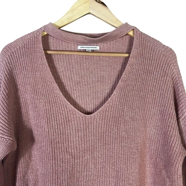 American Eagle Choker V-Neck Shaker Knit Sweater Pink Relaxed Ribbed Size M - Image 3