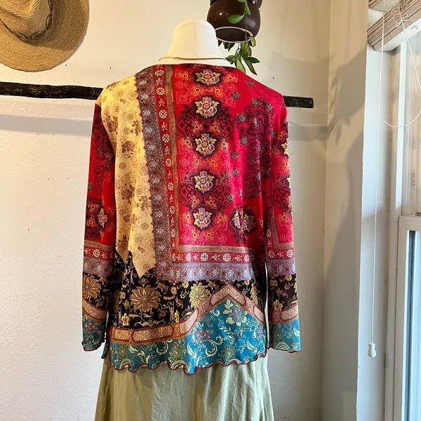 Laura G. Y2K Patchwork Long Sleeve Printed Bow Tie Indie Boho Blouse Size XL USA - Image 4