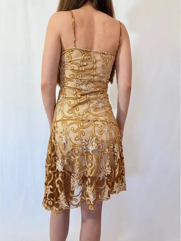 Gold Paisley Swirly Mesh Overlay Vintage Square Neck Formal Dress - Image 4