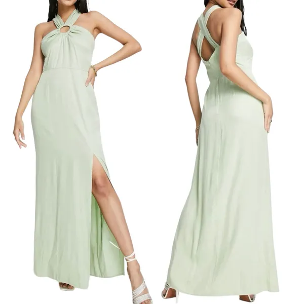 New Topshop Ring Detail Halter Neck Side Slit Maxi Dress Sage Green Size 6 - Image 2