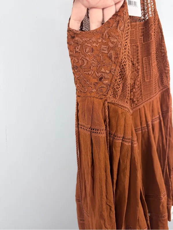 New Free People Emily Crochet copper brown Dress Size XS Boho - Image 9