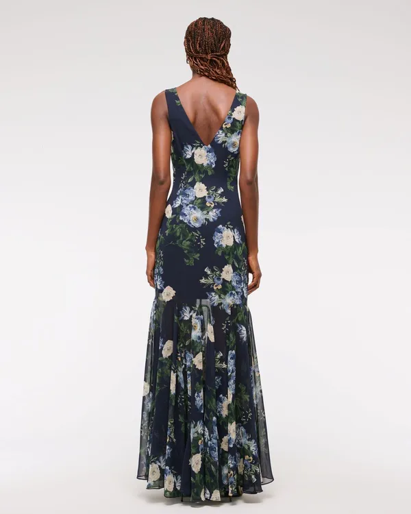 Abercrombie & Fitch Navy Plunge Godet Skirt Maxi Dress - Image 3