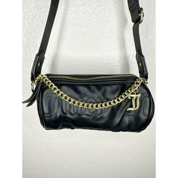 Juicy Couture Crossbody Bag Womens Small Black Faux Leather Chain Logo Barrel - Image 2