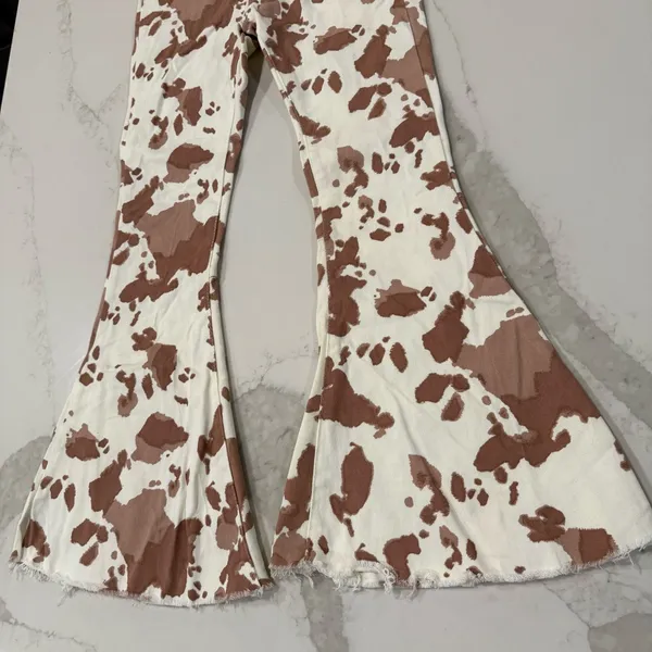 Altar’d State Cow Print Bell Bottom High Rise Flare Jeans Women’s XS White/Brown - Image 3