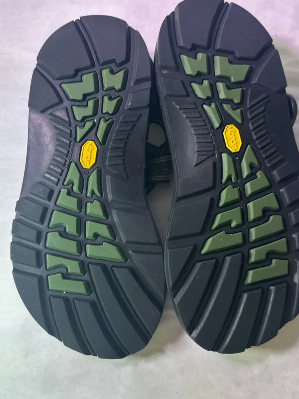 Chacos Black Sandal with Olive and Tan Striped Webbing - Image 10