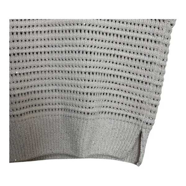 Joie Women's L Beige Knit Open‎ Weave Metallic Sparkle Short Sleeve Sweater Top - Image 3