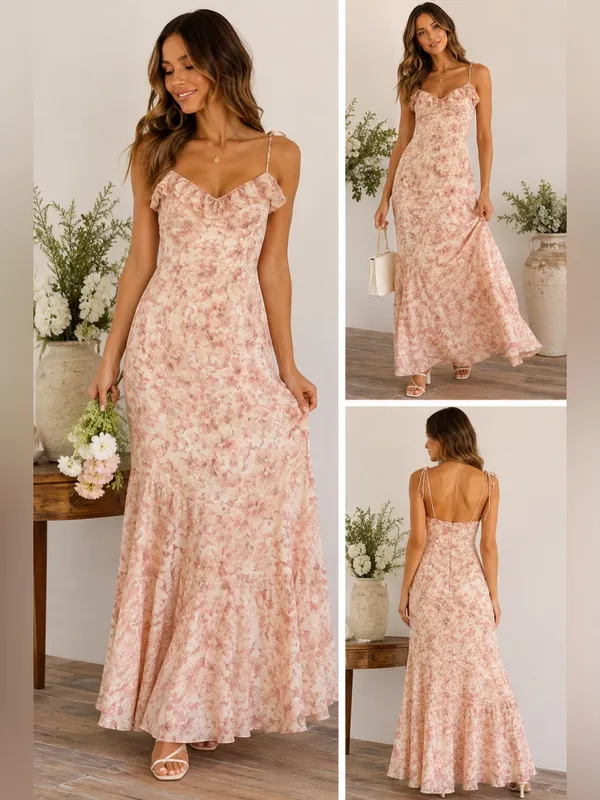 Lulus Floral Maxi Dress NWT Small Blush Pink Ruffle Tiered Cottagecore Wedding - Image 2