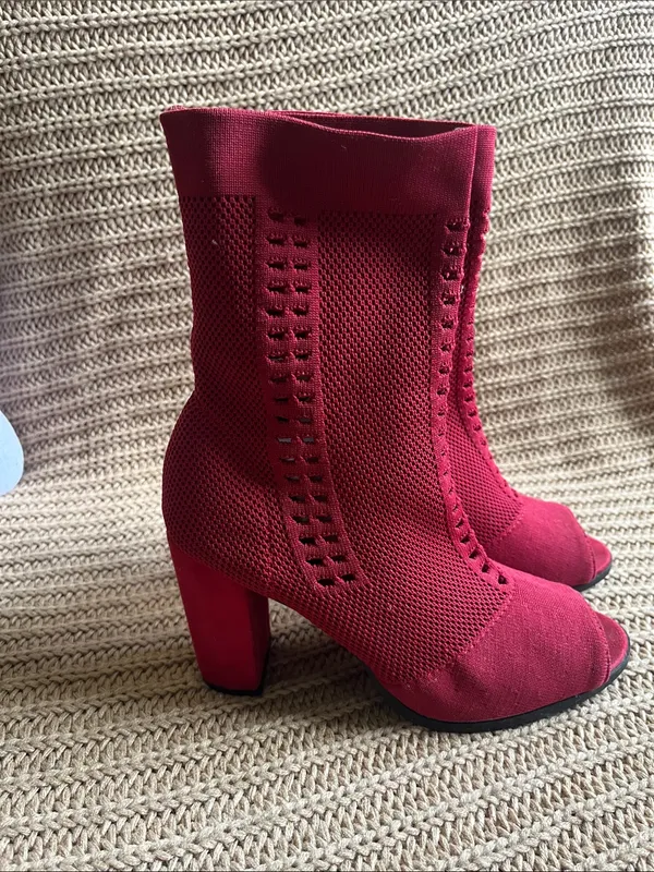 Hot Kiss Wine Red Knit Peep-Toe Sock Boots - Image 3