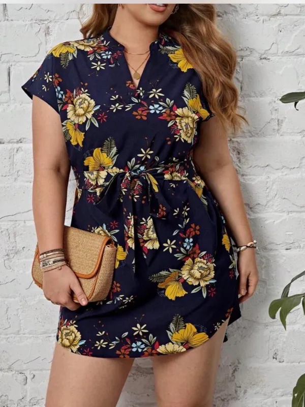 SHEIN Navy Blue Floral Tie-Waist Dress - Image 3