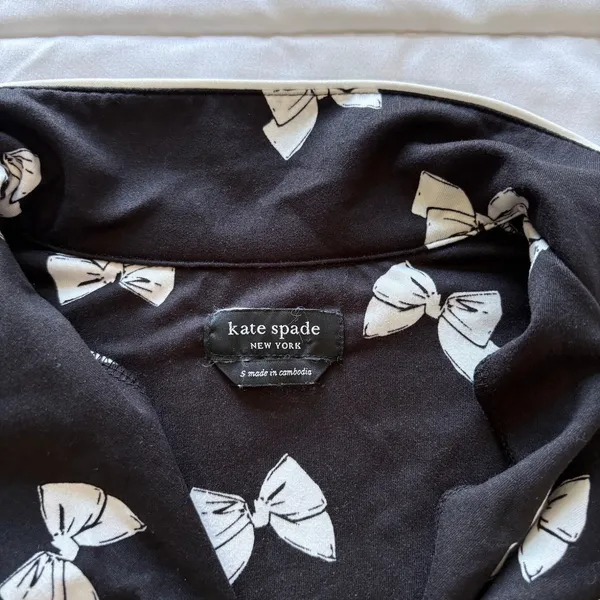 Kate Spade New York Pajama Set Black White Bow Print Button Up Shirt Pants Small - Image 2