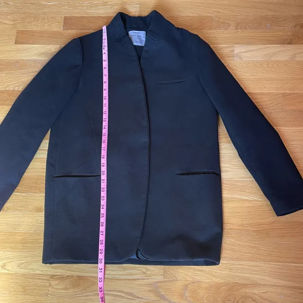 ZARA BASIC Women’s M Black Collarless Longline Coat Jacket Minimalist Pockets - Image 5
