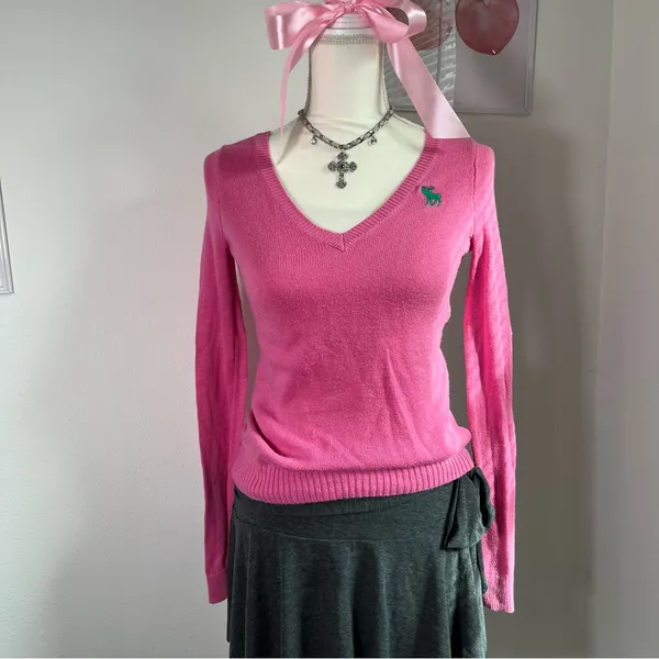 Abercrombie & Fitch Vtg Y2K‎ Pink Green Moose Logo V Knit Sweater Womens Small - Image 2
