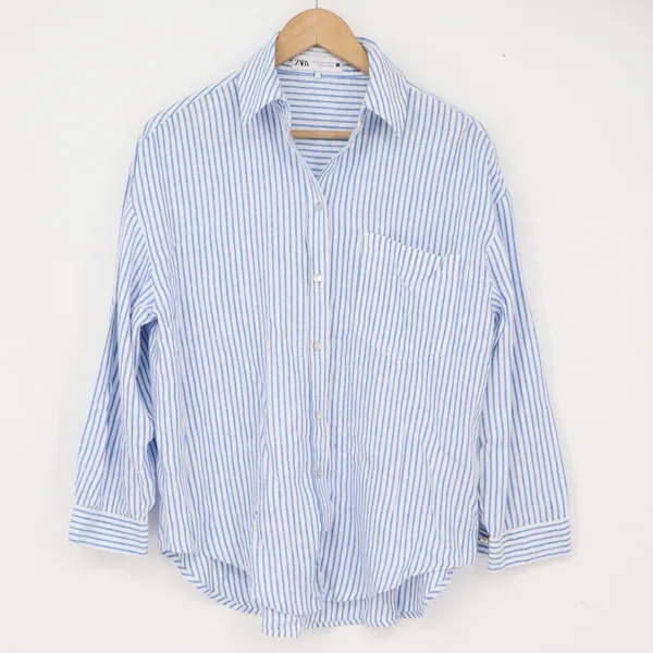 Zara Linen Button-Down Womens XS 4387/054/044 Blue White Striped Excellent - Image 2