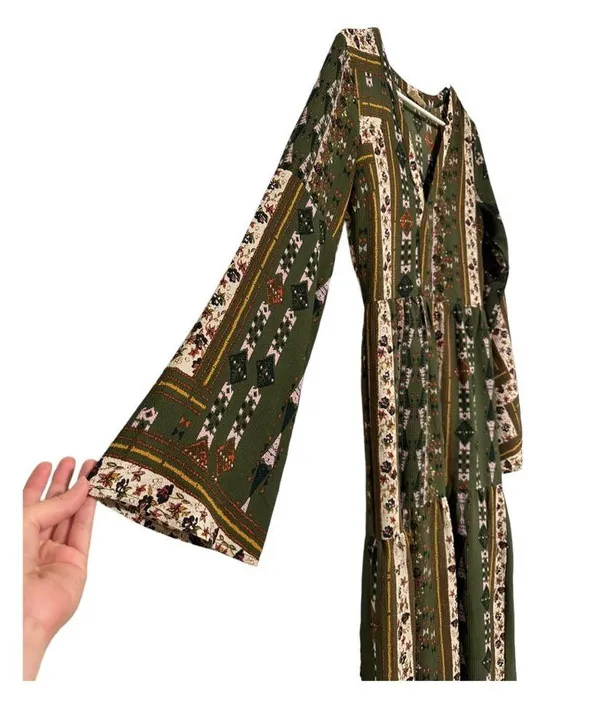 Altar’d State Green Boho Patchwork Floral Bell Sleeve Maxi Long Sleeve D… - Image 3