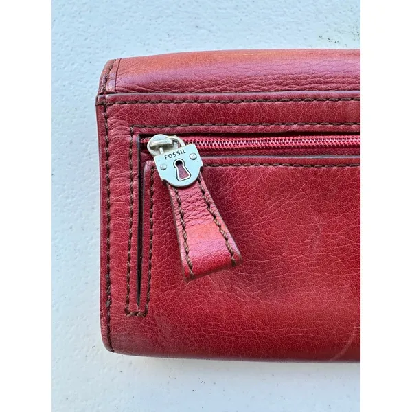 Vintage Fossil Maddox Red Genuine Cowhide Leather Trifold Organizer Wallet - Image 3