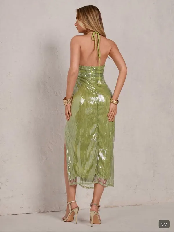 Green Sequin Halter Midi Dress with Side Slit Size XL - Image 3